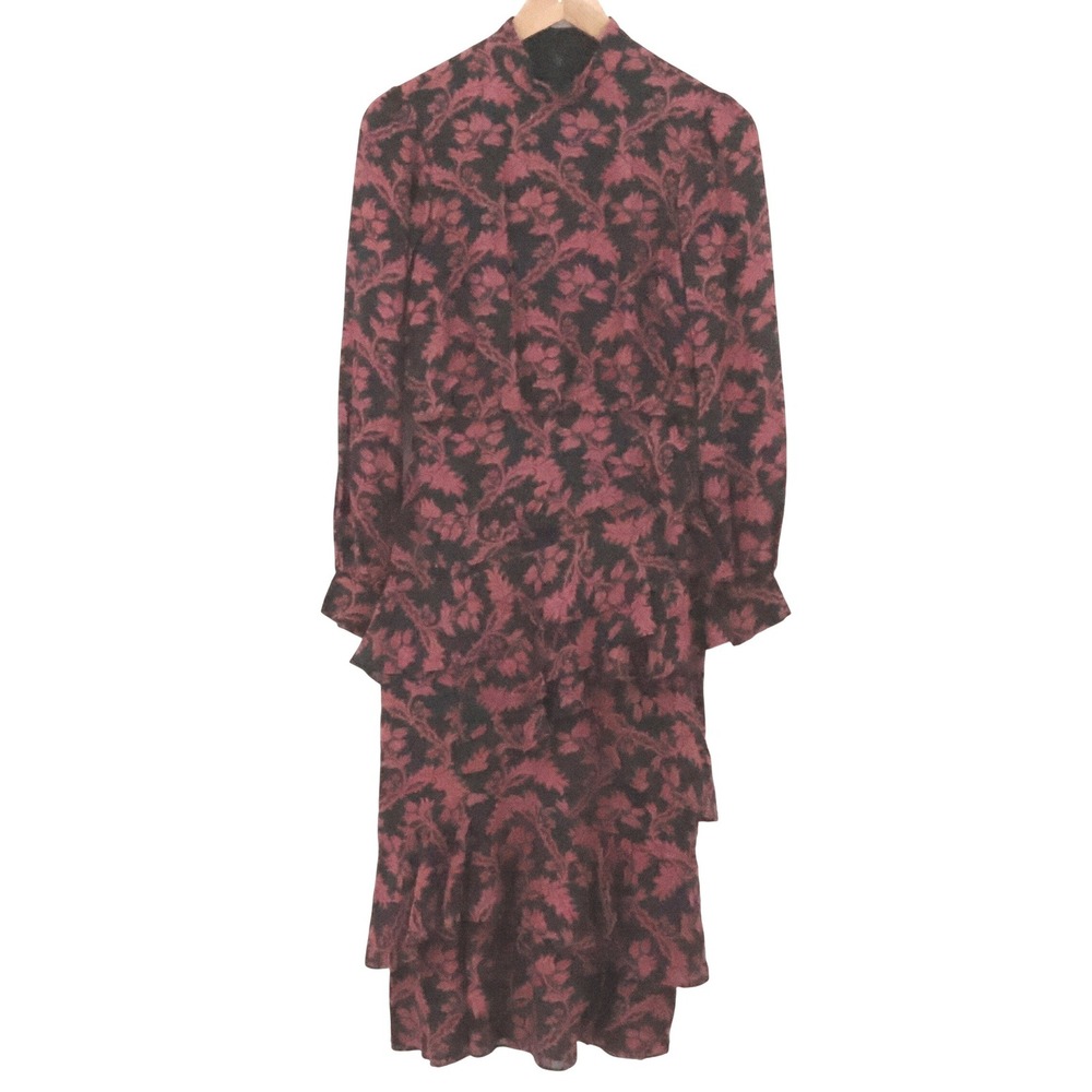 Saloni Floral Tiered Ruffle Silk Blend Dress Womens Size 2 Mock Neck Whimsigoth
